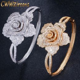 Bangles CWWZircons Open Cuff Style Cubic Zirconia Yellow Gold Colour Big Geometric Flower Bangles Luxury Brand Jewellery for Women BG021