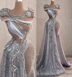 العربية الجديدة Aso Ebi Sparkly Silver Silver Dresses Prom Dresses Crystes Crystals Evening Party Second Arteption Disparty Condress Dragement Dragement