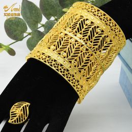 Chokers ANIID Dubai Luxury Bangle With Ring For Women African Gold Plated Cuff Bracelet Nigerian Wedding leaf Pattern Indian Jewellery