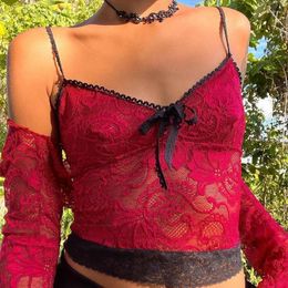 Women's Tanks 00s Retro Red Floral Lace Crop Tops Sexy V Neck Tie Up Bow Spaghetti Strap Camis Y2K Fairy Coquette Mesh Sheer Milkmaid Vest