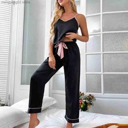 Women's Sleepwear Black Strap Top Pants Sleep Set WOMEN 2PCS Pyjamas Suit Home Clothes V-Neck Sleepwear Intimate Lingerie Summer Satin Pyjamas T230523