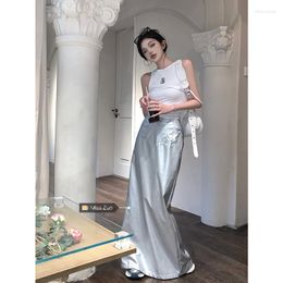 Skirts Y2K Silver Leather Women Summer Elegant Sexy Bodycon Long Trumpet Skirt High Waist Korean Fashion Office Maix Falda Jupe