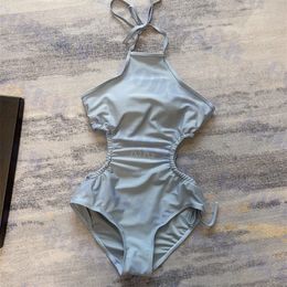 Letter Rhinestone Swimsuit Fashion Halter Bikini For Women Blue Hollow Swimwear New Bodysuit Swimsuits