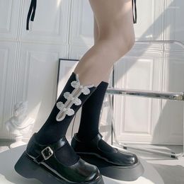 Women Socks Chinese Style Button Lolita Long Femme Sweet JK Ankle Dress White Black Calcetine Medias