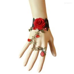 Charm Bracelets Gothic Retro-Rose Bracelet With Finger Ring Sweet Wedding Lace Jewellery