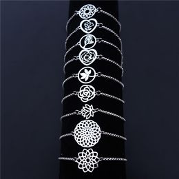 Bracelets 12 Pieces Mixed Styles Lotus Rose Flower Bracelet Stainless Steel Wristband Men Women Girls Wholesale Jewelry Adjustable Length