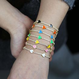 Bracelets 7 Colorful Neon Enamel 5pcs Heart Charm Thin Cz Tennis Chain Gold Color Rainbow Trendy Women Girlfriend Gift Bracelet