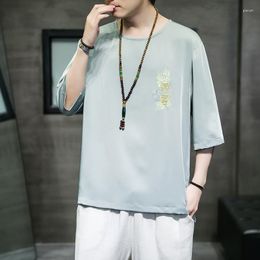 Men's T Shirts Suit Summer Tang Chinese Style Thin Ice Silk Embroidery T-Shirt Men Loose Plus Size Short Sleeve Oversized Top Hanfu Clothes