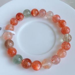 Strand Natural Green Arusha Orange Sunstone Strawberry Quartz Beryl Bracelet 9.1mm Clear Round Beads Women Bangle