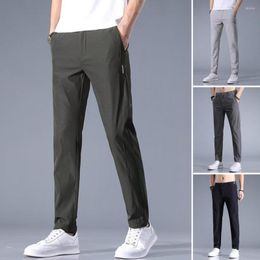 Men's Pants Men Summer Straight Elastic Waist Pockets Ankle Length Commute Slim Fit Ice Silk Trousers Male Clothes