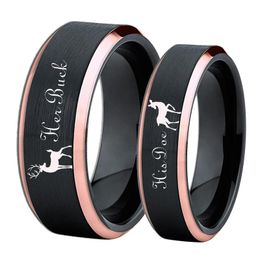 Rings Deer Family Tungsten Ring Elk Design Her Buck His Doe Wedding Band Ring Black With Rose Golden Custom Engraved Personalized