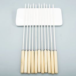 BBQ Tools Accessories Stainless Steel Barbecue Skewers Long Wooden Handle Reusable FlatRound Forks Roast Stick Grill Outdoor Picnic Camping 230522