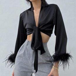 Women's Blouses 2023 Spring And Summer Feather Shirt Clothing Fashion Long Sleeve Satin Knotted Short Puff Top