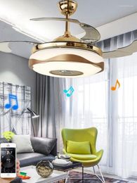 Chandeliers Led Double Ring Bluetooth Music Ceiling Fan Lamp Phone App With Lights Remote Control Singing Fans For Restaurant Kid's Room