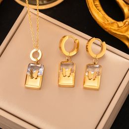 New Trendy White Zircon Butterfly Pendant Necklace Earring 18K Gold Jewelry Set for Gift