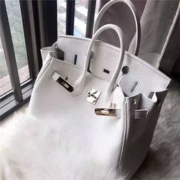 Women's Bag Platinum with Tote Lychee Grain Top Layer Cow Leather Pure White Classic Style Fashionable One-shoulder Messenger