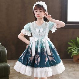 Girl's Dresses Blue Sweet Lolita Lace Bow Print Victorian Clothing Japan Children's Girl Princess Dress 3-14Y G220523
