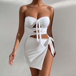 Hollow Out Lace-up Sexy Mini Dress For Women Robe Summer New Strapless Off-shoulder Backless Split Sexy Dress Vestidos