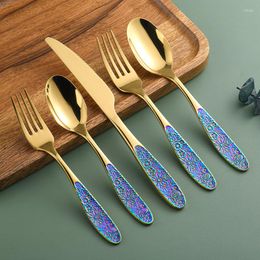 Dinnerware Sets 1/4/5pcs Gold Cutlery Set 430 Stainless Steel Kitchen Fork Knife Spoon Tableware Retro Emboss Flatware