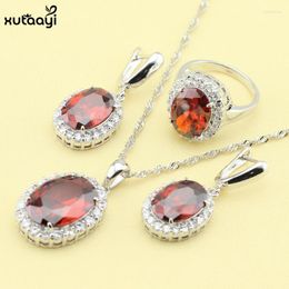 Necklace Earrings Set XUTAAYI Fashion Sterling Silver Overlay Red Created Garnet Fancy Rings Wedding Jewelry For Women