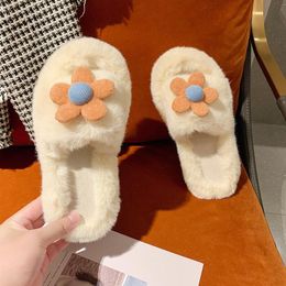 Slippers Women Flower Design Plush Ladies Slip-On Furry Cute Solid Color Home Shoes Females Winter Open Toe Warm