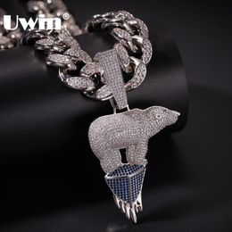 Necklaces UWIN White Gold Color Glacier Polar Bear Pendant Necklace Fashion Hiphop With 20mm Miami Cuban Link Chains Iced Out CZ Jewelry