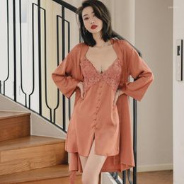 Women's Sleepwear Short Satin 2PCS Kimono Robe Set Women Casual Bathrobe Gown Sexy LACE Patchwork Home Clothing Intimate Lingerie