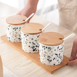 Storage Bottles 3PCS Ceramic Oil Salt Pot Jar Seasoning Set Nordic Home Kitchen Creative Terrazzo European Sugar Box