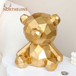 New Figurines NORTHEUINS Resin Geometric Teddy Bear Piggy Bank Figurines for Interior Europe Animal Coin Storage Container Home Desktop Decor G230523