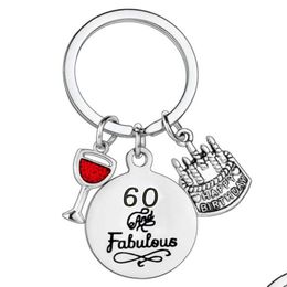 Keychains Lanyards Stainless Steel Keychain Creative Number 60 Cake Wine Glass Pendant Birthday Party Gift Key Ring Drop Delivery Dhnvp