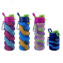 Water Bottles 500Ml Camouflage Bottle Sile Fold Telescopic Tumbler Carabiner Sports Drinks Cups Portable Hiking Cam Equipment Drop D Dhwic