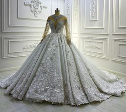 2023 Luxo de vestido de noiva árabe de dubai ilusão de pescoço alto rmocristal de cristal 3D Flores de noiva vestidos formais costumed vestidos de noiva