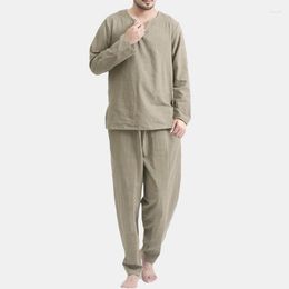 Men's Sleepwear 2023 Men's Full Sleeve V Neck Shirt With Long Pants Two Pieces Suit Pyjamas Casual Loose Matching Sets Male Thin