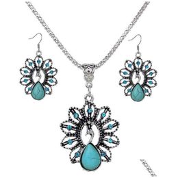 Earrings Necklace Womens Hollow Peacock Tibetan Sier Turquoise Set Gstqs028 Fashion Gift National Style Women Diy Jewellery Sets Dro Dhipc