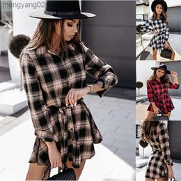 Casual Dresses Women's autumn and winter plaid long sleeved shirt with waistband tie up dress T230524