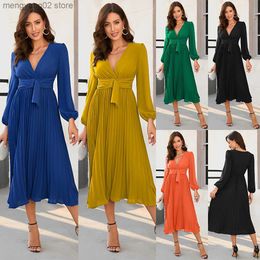 Casual Dresses Women's new long-sleeved slim pleated belt V-neck dress 241 T230524