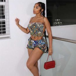 Women's Tracksuits 2 piece Set Tassel Women Vintage Sexy Summer Vacation Bandage Backless Tank Tops +Short Matching Streetwear Outfits Y23