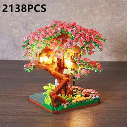 Blocks Light Sakura Tree House Model Constructor Micro Building Blocks DIY City Cherry Street View Bricks Christmas Toys for Girls MOC 230523