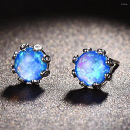 Stud Earrings Dainty Blue White Fire Opal Stone Women Lovely 8 Silver Colour Round Birthday Banquet Jewellery