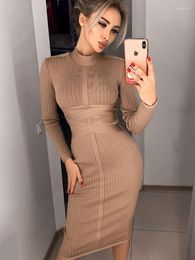 Casual Dresses Modphy Bodycon Knee-Length Rayon Bandage Dress Solid Sexy Turtleneck Long Sleeve Tight Party Club 2023