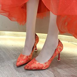 Dress Shoes China Style High Heels Pumps Women Female Red Stiletto Dragon Cloud Pattern Chinese Banquet Party Wedding