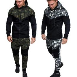 Qnpqyx Yeni Çoğaltma Erkek Kamuflaj Spor Giyim Kapüşonlu Sweatshirt Ceket + Pantolon Spor Takım Erkek Chandal Hombre Erkekler Track Suit