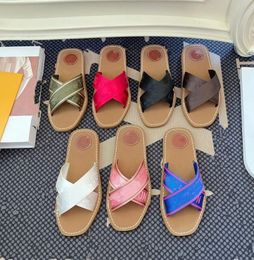 Luxury Canvas Embroidery Letters Woman Slippers Cross Strap Flat Slippers Non slip Home Outdoor Slippers Slides Slippers Summer Ladies Beach Shoes Sandals