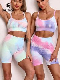 Women's Tracksuits SALAPOR Tie-Dye Sports Shorts Set 2 Piece Sets for Women Outfits Sweatshirt Shorts Seamless Short Suits Gym Clothing for Fitness Y23