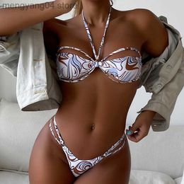 Women's Swimwear Sexy Print Halter Bandage Hollow Out Bikinis Women Swimsuit 2023 New Push Up Swimwear Two Pieces Bathing Suit Summer Beach T230524