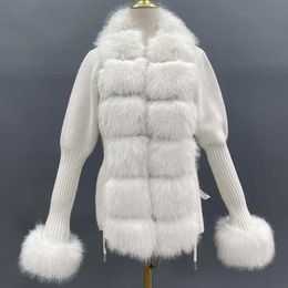 Cardigans Janefur Knitted Cardigan with Fur Trim Women 2022 Fashion Luxury Plush Fake Fur Sweater Europe Fall Winter Female Faux Fur Coats