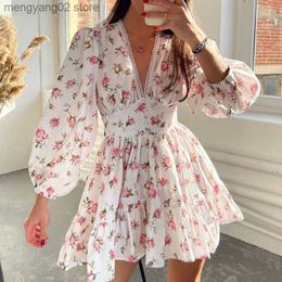 Casual Dresses Women's Spring/Summer Casual Sweet Printed V-Neck Fairy Dress Lace Short Dress Women T230524