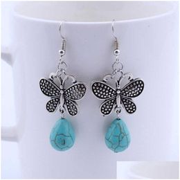 Charm Womens Butterfly Drops Tibetan Sier Turquoise Earrings Gstqe023 Fashion Gift National Style Women Diy Earring Drop Delivery Jew Dhx1J