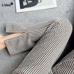 Women's Jeans Thin/thick Autumn Winter Elastic Waist Striped Print Pockets Straight Trousers Korean Split Fork Loose Wide Leg Lady Mop Pants Y23