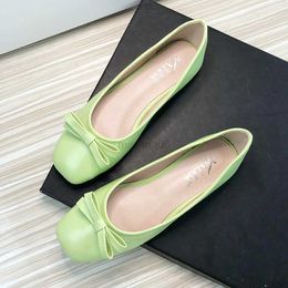 Dress Shoes Women Flats 2022 Leather Flat Apple Green Bowknot Square Head Slip on Loafers Casual Scoop with Bow Girl's Y23